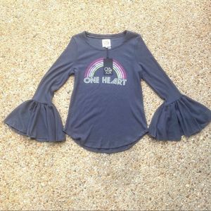 NWT Chaser One Heart Rainbow Gray Ribbed Thermal Knit Bell Sleeve Top Size L